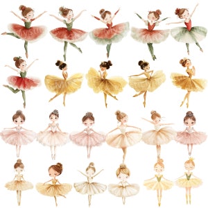 Puede incluir: Un conjunto de 24 ilustraciones digitales de bailarinas en varias poses y colores. Las bailarinas llevan tut&uacute;s y tienen coronas en la cabeza. Las ilustraciones son perfectas para scrapbooking, creaci&oacute;n de tarjetas y otros proyectos de manualidades.