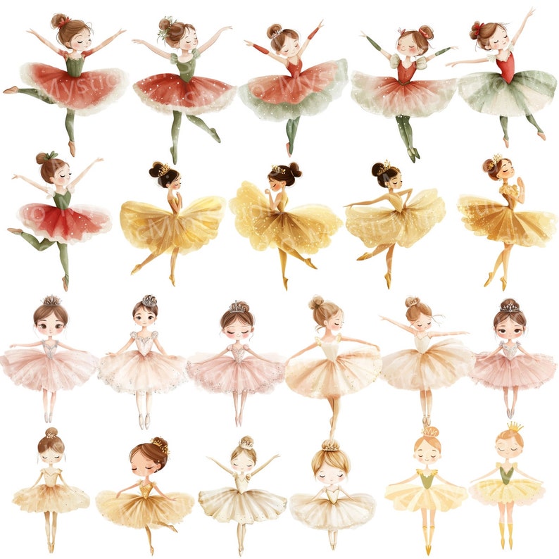 Puede incluir: Un conjunto de 24 ilustraciones digitales de bailarinas en varias poses y colores. Las bailarinas llevan tut&uacute;s y tienen coronas en la cabeza. Las ilustraciones son perfectas para scrapbooking, creaci&oacute;n de tarjetas y otros proyectos de manualidades.