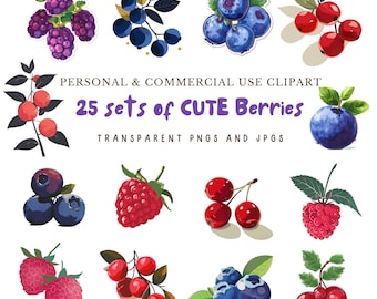 Aquarel bessen clipart, fruit bessen kunst, bosbes clipart, aardbei clipart, framboos clipart, bessen illustratie