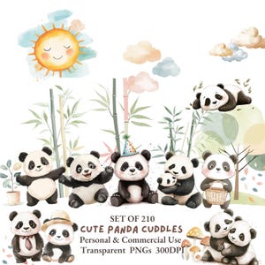 Clipart di panda carino ad acquerello / Arte digitale di panda l Clipart per la festa della mamma l Clipart per la festa del papà l PNG di panda kawaii l Asilo nido di panda