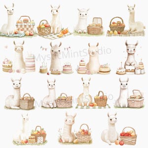 May include: A digital illustration of 14 white llamas with different accessories. Each llama is holding a basket filled with fruit, cakes, or picnic items. The llamas are on a white background.