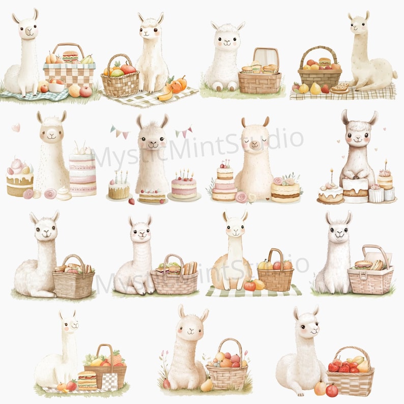 May include: A digital illustration of 14 white llamas with different accessories. Each llama is holding a basket filled with fruit, cakes, or picnic items. The llamas are on a white background.