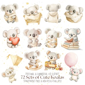 Pacote de clipart fofo de coala | Clipart de coala em aquarela l Arte de berçário de coala l Decoração de bebê de coala l Arte de parede de coala l PNG e JPG l Uso comercial
