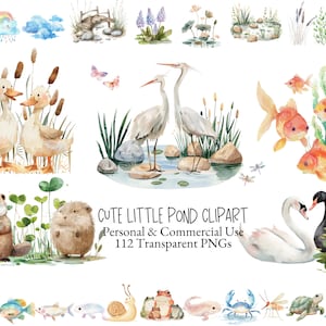 Pacote com 112 cliparts fofos de vida em lagoa em aquarela, clipart de cisne, clipart de pato, clipart de sapo, salamandra, projetos faça você mesmo, decoração de berçário, scrapbooking