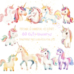 Cute Unicorn Clipart, Watercolor Wall art, Nursery Decor, Birthday Gift, PNGs and JPGs - High-Resolution Digital Download for Commercial Use