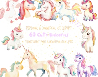 Cute Unicorn Clipart, Watercolor Wall art, Nursery Decor, Birthday Gift, PNGs and JPGs - High-Resolution Digital Download for Commercial Use