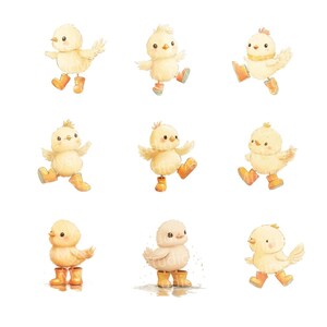 May include: Watercolor illustration of nine yellow chicks wearing orange rain boots. The chicks are in various poses, some with wings spread, others with arms raised, all against a white background. The image has a soft, whimsical feel.