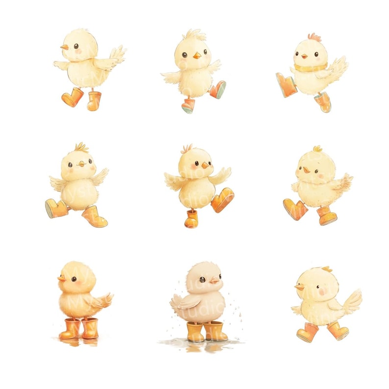 May include: Watercolor illustration of nine yellow chicks wearing orange rain boots. The chicks are in various poses, some with wings spread, others with arms raised, all against a white background. The image has a soft, whimsical feel.