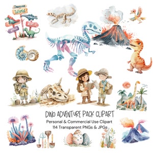Paquete de imágenes prediseñadas de dinosaurios en acuarela / Imágenes prediseñadas de dinosaurios lindos / Imágenes prediseñadas jurásicas / Arte de guardería de dinosaurios / 114 archivos PNG JPG / Descarga digital