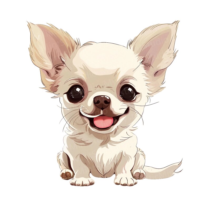K&ouml;nnte beinhalten: Ein wei&szlig;er Chihuahua mit gro&szlig;en braunen Augen und einer rosa Zunge, die herausstreckt. Der Hund sitzt mit hochgestellten Ohren und seinem Schwanz, der sich hinter ihm zusammenrollt.
