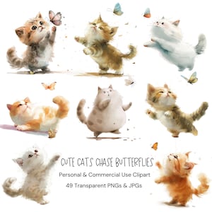 Cats Watercolor Cute Cat Kitties butterfly Clipart|49 High-Quality PNG and JPG|Sublimation,Digital Planner,Digital Download|Commercial Use