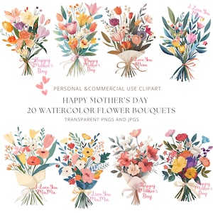 20 Aquarell Blumensträuße zum Muttertag, Happy Muttertag Clipart zum Basteln von Geschenken, hochwertige JPGs & PNGs Dateien für den kommerziellen Gebrauch