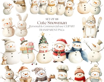 Watercolor Snowman Clipart | Cute Christmas Clipart | Christmas Snowman Clipart | Holiday Snowman PNG | Festive Snowman Clipart Bundle
