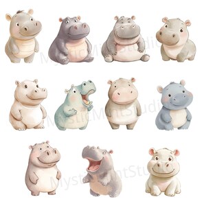 May include: A set of ten cute cartoon hippos in various poses. The hippos are all different colors, including gray, blue, and pink. They are all smiling and have big eyes.