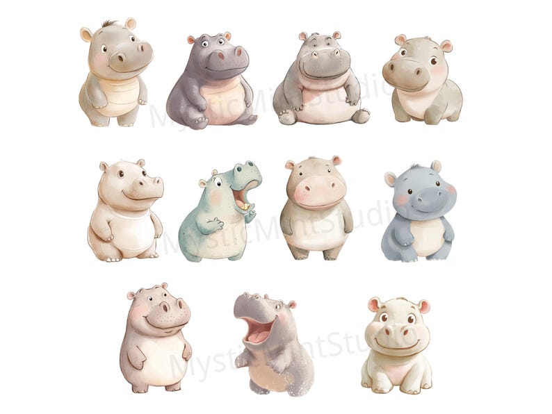 May include: A set of ten cute cartoon hippos in various poses. The hippos are all different colors, including gray, blue, and pink. They are all smiling and have big eyes.