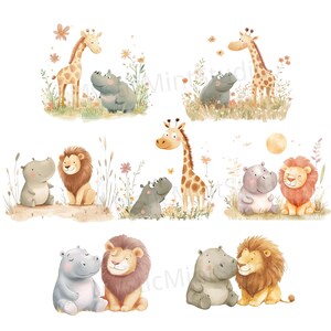 May include: A set of six watercolor illustrations featuring a giraffe, lion, and hippopotamus. The animals are depicted in a playful and whimsical style, with bright colors and soft details. The illustrations are perfect for adding a touch of charm to any nursery or children's room.