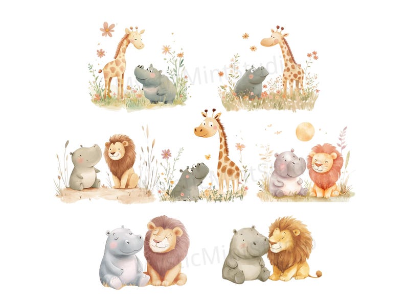 May include: A set of six watercolor illustrations featuring a giraffe, lion, and hippopotamus. The animals are depicted in a playful and whimsical style, with bright colors and soft details. The illustrations are perfect for adding a touch of charm to any nursery or children's room.