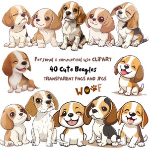 Cute Watercolor Beagle Dog Puppies Clipart |40 High-Quality PNG and JPG Files | Wall Art, Junk Journal, Digital Download | Commercial Use
