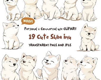 Puede incluir: Un conjunto de 19 ilustraciones digitales de adorables cachorros Shiba Inu en varias poses. Las ilustraciones son de estilo de dibujos animados y presentan el texto "WOOF!" y "19 Cute Shiba Inu".