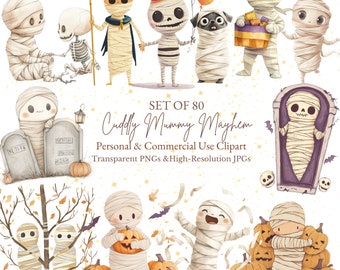 May include: Watercolor illustrations of cute mummies, skeletons, and a pug in mummy wraps, with pumpkins, tombstones, and bats. The text reads "Cuddly Mummy Mayhem" and "Set of 80". Perfect for Halloween-themed designs.