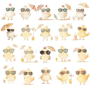 May include: A collection of watercolor illustrations featuring cartoon chicks wearing sunglasses and holding beach umbrellas. Some chicks have drinks and are near seashells. The chicks are in various poses, suggesting a summer or vacation theme.