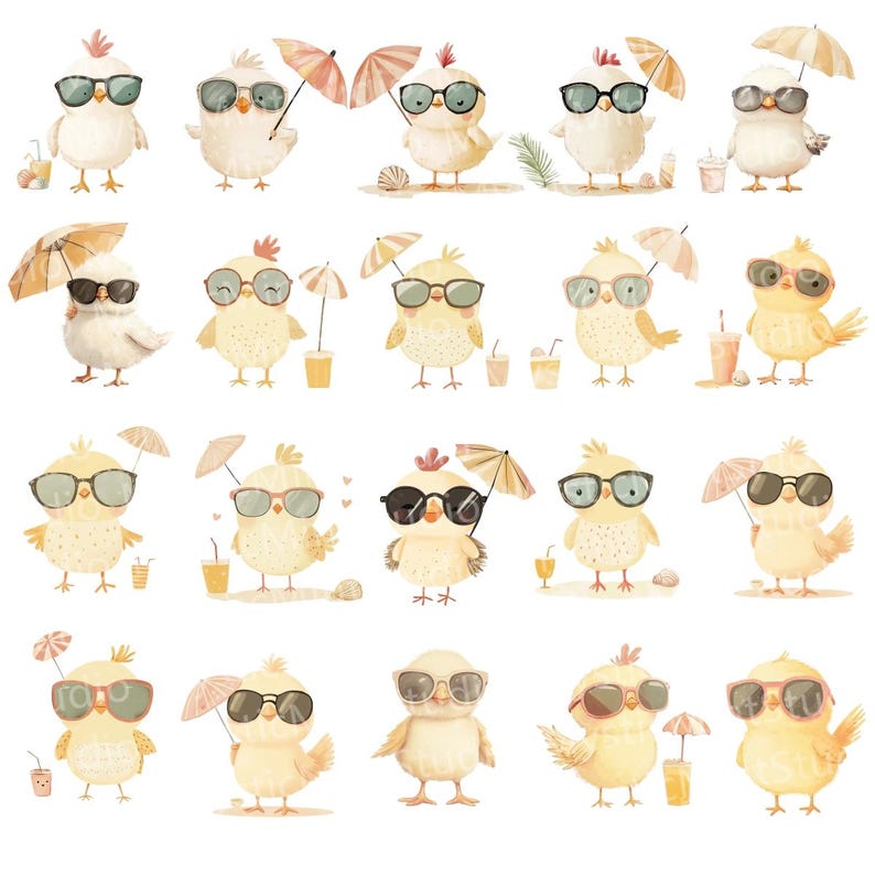 May include: A collection of watercolor illustrations featuring cartoon chicks wearing sunglasses and holding beach umbrellas. Some chicks have drinks and are near seashells. The chicks are in various poses, suggesting a summer or vacation theme.