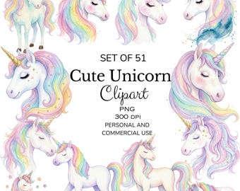 Niedliches Einhorn Clipart, Aquarell Wandkunst, Kinderzimmer Dekor, Geburtstagsgeschenk, PNGs - hochauflösender digitaler Download für kommerzielle Nutzung