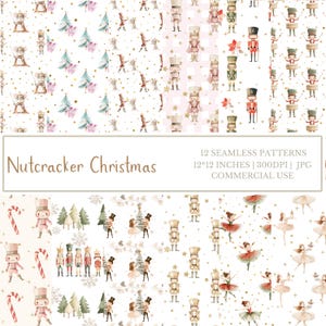 Christmas Digital Paper | Seamless Nutcracker Christmas Pattern | Watercolor Christmas Patterns | Holiday Pattern | Cute Ballet Pattern