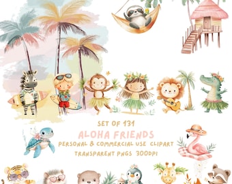 Puede incluir: Ilustración en acuarela con animales tropicales, como una cebra, un mono y un león, con temática hawaiana. La imagen incluye palmeras, tablas de surf y el texto "Aloha Friends".