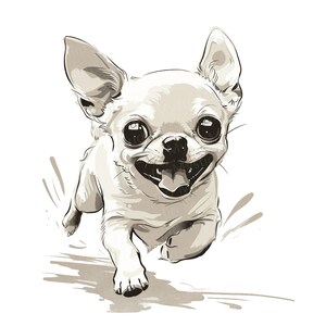 K&ouml;nnte beinhalten: Eine Schwarzwei&szlig;illustration eines kleinen, kurzhaarigen Chihuahuas, der mit herausgestreckter Zunge auf den Betrachter zu rennt. Der Hund hat einen gl&uuml;cklichen Gesichtsausdruck.