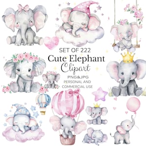 222 Cute Elephant Clipart - Baby Elephant Illustrations PNG e JPG - Download digitale ad alta risoluzione per uso commerciale
