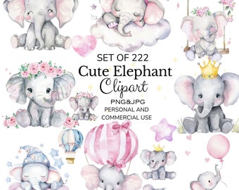 222 Cute Elephant Clipart- Baby Elephant Illustrations PNGs and JPGs - High-Resolution Digital Download for Commercial Use