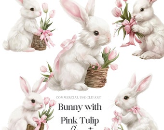 Cute Rabbit Bunny with Pink Tulip Clipart, 10 High-Resolution PNGs and JPGs, Instant Download for Crafting Easter Nursery Prints Art
