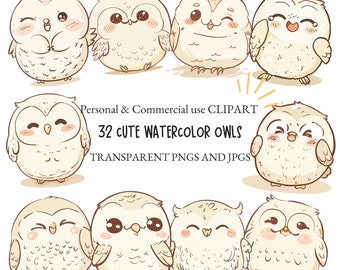 Akwarela Słodka Sowa Clipart Ptak Clipart|Klipart do przedszkola, rękodzieło i scrapbooking|32 Pliki PNG i JPG|Pobieranie cyfrowe|Użycie komercyjne