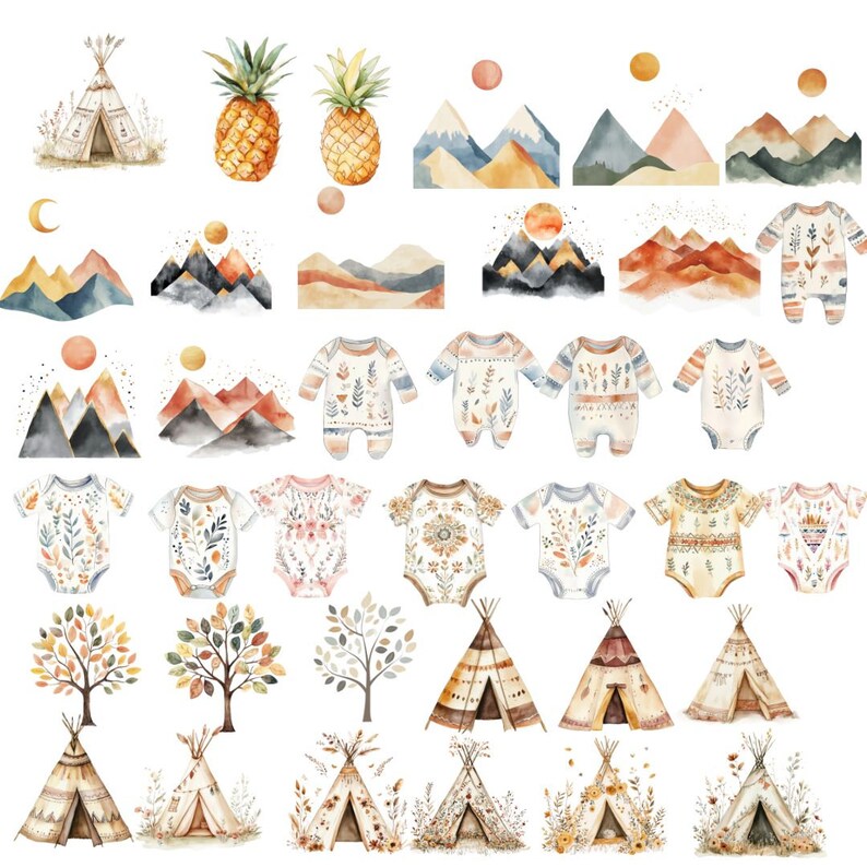 301 Watercolor Boho Baby Clipart | Newborn Animal Nursery Printable L ...