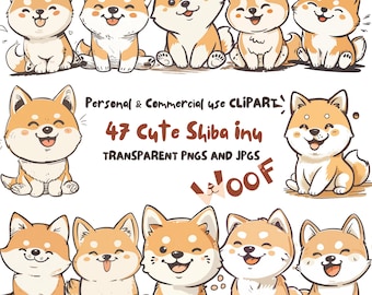Puede incluir: Un conjunto de 47 ilustraciones digitales de perros Shiba Inu lindos en varias poses y expresiones. Las ilustraciones son de estilo de dibujos animados y presentan una variedad de colores, que incluyen marrón, blanco y negro. El texto "Personal & Commercial use CLIPART" y "47 Cute Shiba inu" está incluido en la imagen. El texto "TRANSPARENT PNGS AND JPGS" también está incluido en la imagen. El texto "WOOF" está incluido en la imagen.