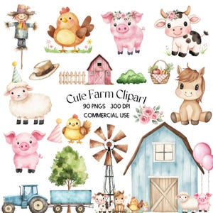 Pacote de 90 clipart de animais de fazenda em aquarela | Clipart de porco | Clipart de ganso | Clipart de cavalo | Clipart de vaca | Clipart de ovelha | Decoração de berçário