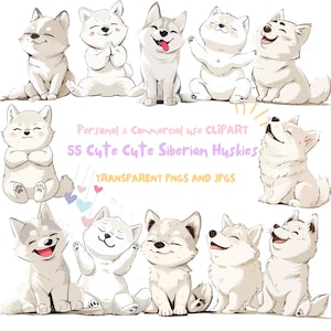 Husky Hund Welpe Clipart|55 hochwertige PNG und JPG Dateien|Sublimation, digitaler Planer, Wandkunst, Junk Journal, digitaler Download|kommerzielle Nutzung