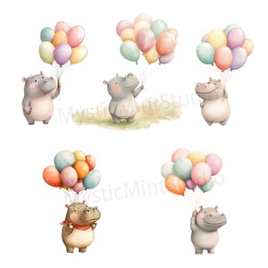 May include: Five gray hippos holding bunches of colorful balloons. The hippos are all smiling and have different expressions. The balloons are in various shades of pink, blue, yellow, and green.