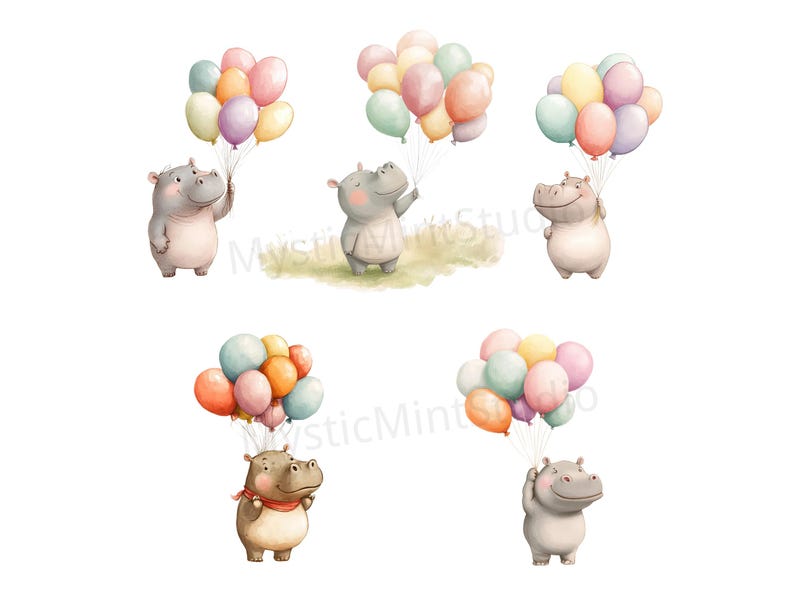 May include: Five gray hippos holding bunches of colorful balloons. The hippos are all smiling and have different expressions. The balloons are in various shades of pink, blue, yellow, and green.