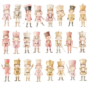 Puede incluir: Un conjunto de 30 ilustraciones de acuarela de soldados cascanueces. Los cascanueces est&aacute;n vestidos con uniformes rosas, dorados y blancos con varios accesorios. Algunos sostienen espadas, mientras que otros tienen tambores o banderas.