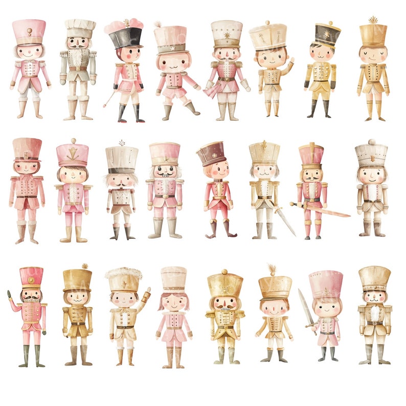 Puede incluir: Un conjunto de 30 ilustraciones de acuarela de soldados cascanueces. Los cascanueces est&aacute;n vestidos con uniformes rosas, dorados y blancos con varios accesorios. Algunos sostienen espadas, mientras que otros tienen tambores o banderas.