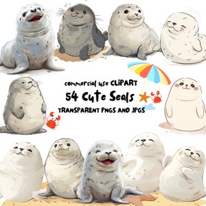 Seal Watercolor Clipart, 54 High-Resolution PNGs and JPGs, Instant Download for Commercial Use