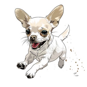 K&ouml;nnte beinhalten: Ein wei&szlig;er Chihuahua mit braunen Ohren und gro&szlig;en braunen Augen rennt mit offenem Maul und herausgestreckter Zunge. Der Hund befindet sich auf einem wei&szlig;en Hintergrund mit braunen Farbspritzern.