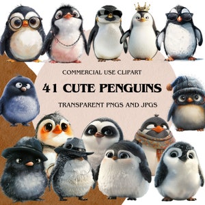 41 Cute Penguins Clipart, Nursery Penguin Art, Arctic Animal Clipart, Winter Animal Clipart, PNGs and JPGs, Instant Download，Commercial Use