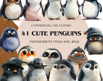 41 Cute Penguins Clipart, Nursery Penguin Art, Arctic Animal Clipart, Winter Animal Clipart, PNGs and JPGs, Instant Download，Commercial Use