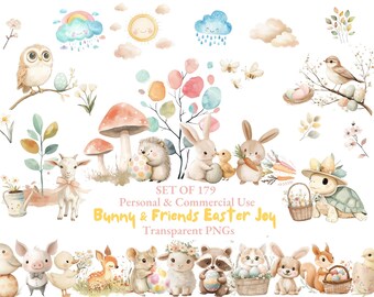 Watercolor Easter Clipart | Easter Animal Clipart | Cute Bunny Clipart | Baby Animal Easter PNG | Easter Egg Hunt PNG | Farm Animal Easter