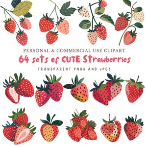 Strawberry Clipart Bundle, Cute Fruit Clipart, Fruit Clipart, Kitchen Wall Art, Scrapbook, Junk Journal, 64 PNGs and JPGs, Commercial Use
