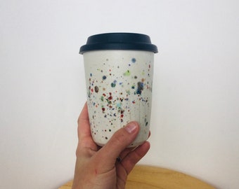 Ceramic Travel Cup with Silicone Lid, Travel Coffee Cup with Lid, Reusable Silicone Lid, Pottery Travel Cup, Handmade, Forward Pottery