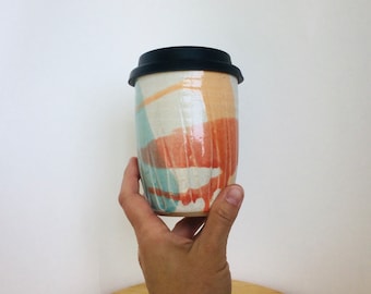 Ceramic Travel Cup with Silicone Lid, Travel Coffee Cup with Lid, Reusable Silicone Lid, Pottery Travel Cup, Handmade, Forward Pottery